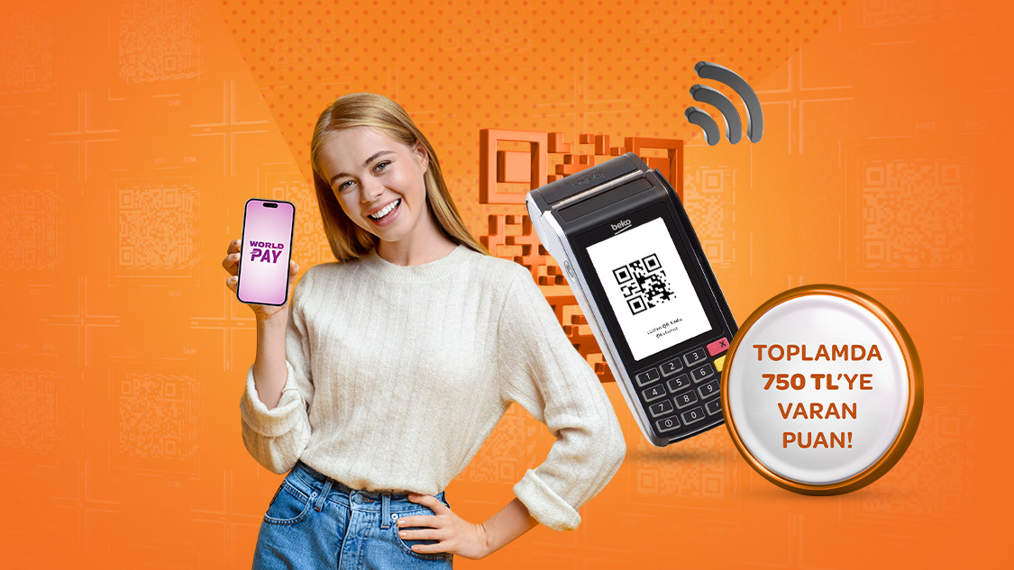 POS’ta TR Karekod veya NFC Mobil Ödeme ile World Üye İşyerleri’nden yapacağınız 1.000 TL ve üzeri harcamanıza 25 TL, toplamda 750 TL’ye varan Puan!