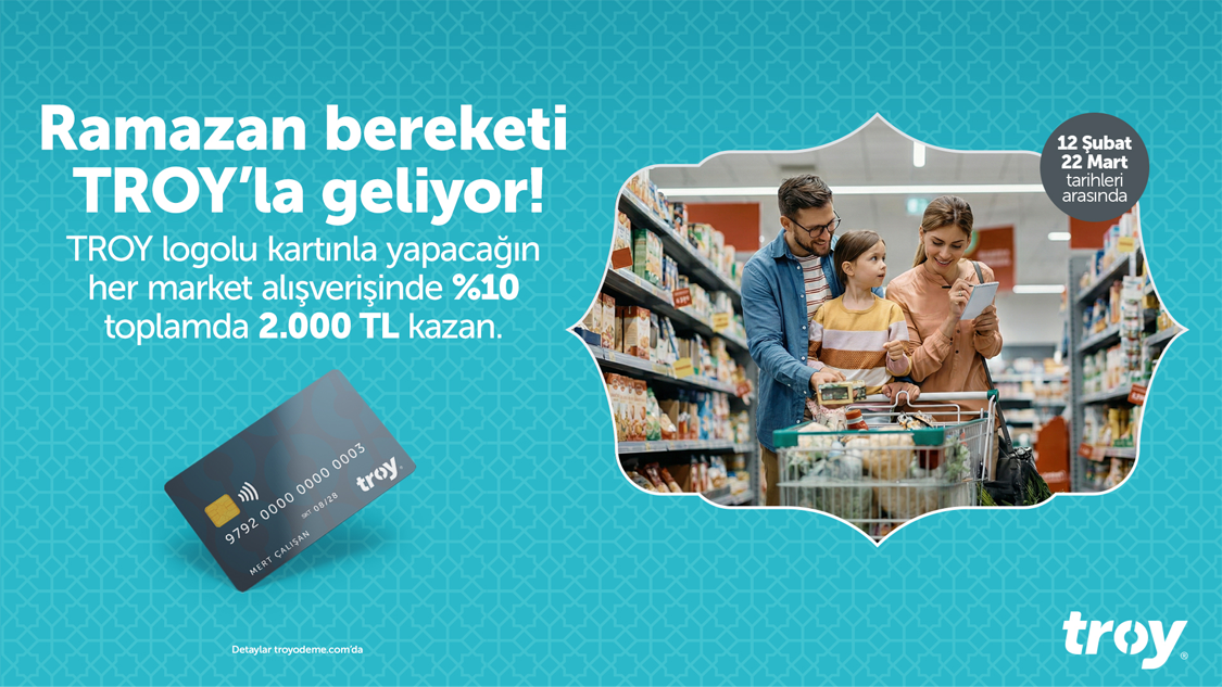 Ramazan Bereketi TROY’la geliyor! TROY logolu Yapı Kredi kartınla yapacağın her market alışverişinde %10, toplamda 2.000 TL nakit iade kazan.