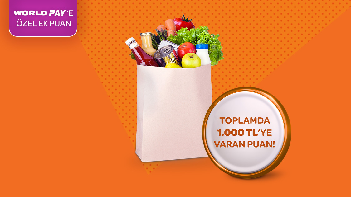 Gıda marketi alışverişlerinizde tek seferde yapacağınız her 2.000 TL ve üzeri alışverişlerinize 80 TL’ye, World Pay ile ödemelerde ek 20 TL’ye, toplamda 1.000 TL’ye varan Puan fırsatı!