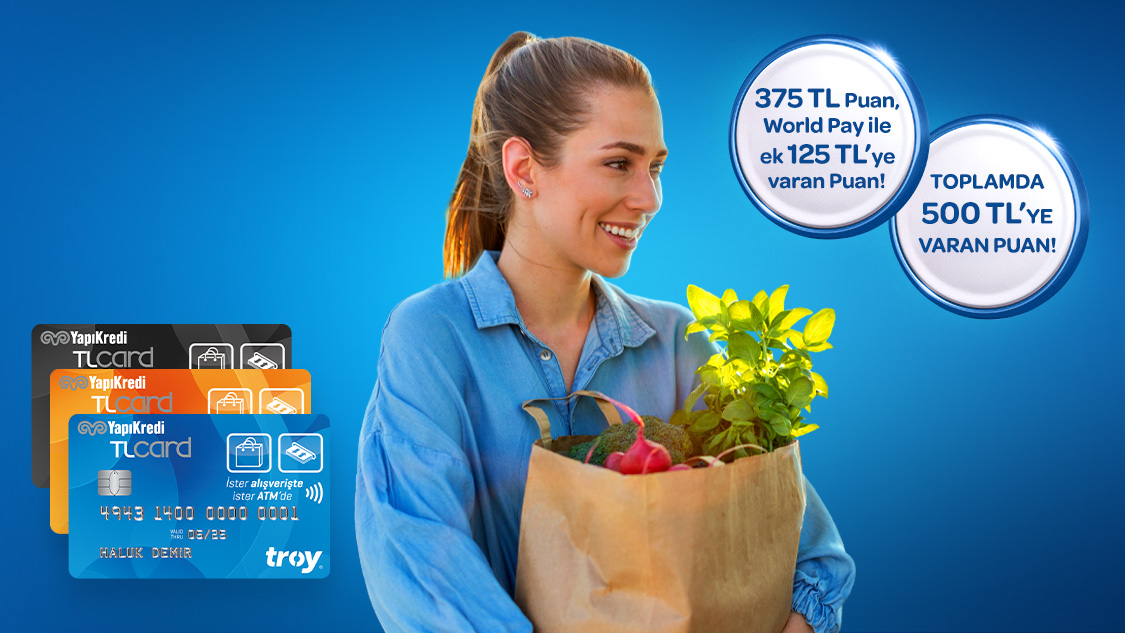 Troy logolu TLcard’dan gıda marketi alışverişlerinize 75 TL, World Pay ile ödemelerde ek 25 TL, toplamda 500 TL’ye varan Puan hediye!