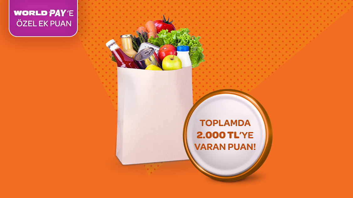 Ramazana özel gıda marketi alışverişlerinize 1.600 TL, World Pay ile ödemelerde ek 400 TL, toplamda 2.000 TL’ye varan Worldpuan hediye!