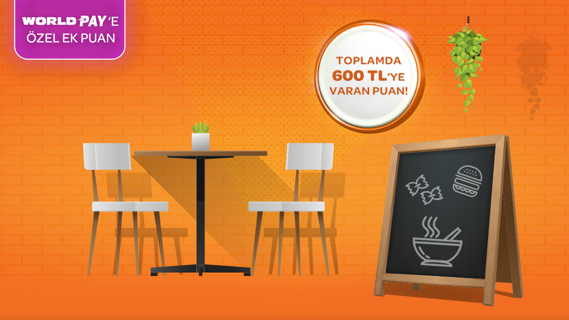 Restoran sektöründe yapacağınız her 2.000 TL harcamaya 150 TL, World Pay ile ödemlerde ek 50 TL, toplamda 600 TL’ye varan puan hediye!
