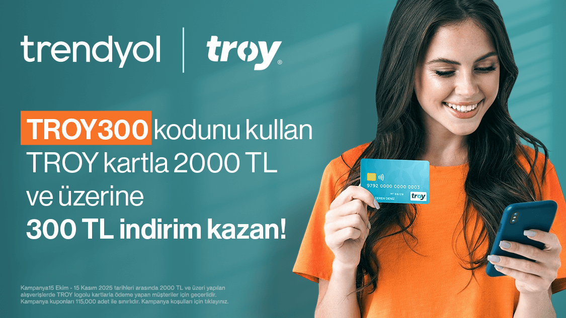 Troy logolu Yapı Kredi kart sahiplerine özel 15 Ekim – 15 Kasım tarihleri arasında Trendyol’da 300 TL İndirim Fırsatı!
