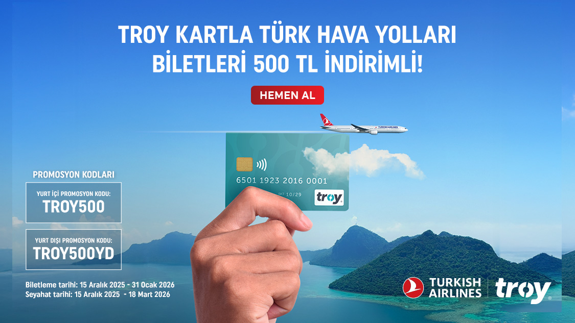 Troy logolu Yapı Kredi kart sahiplerine özel Türk Hava Yolları’nda geçerli yurt içi veya Türkiye çıkışlı yurt dışı biletlerinde her bilet için 500 TL indirim fırsatı!