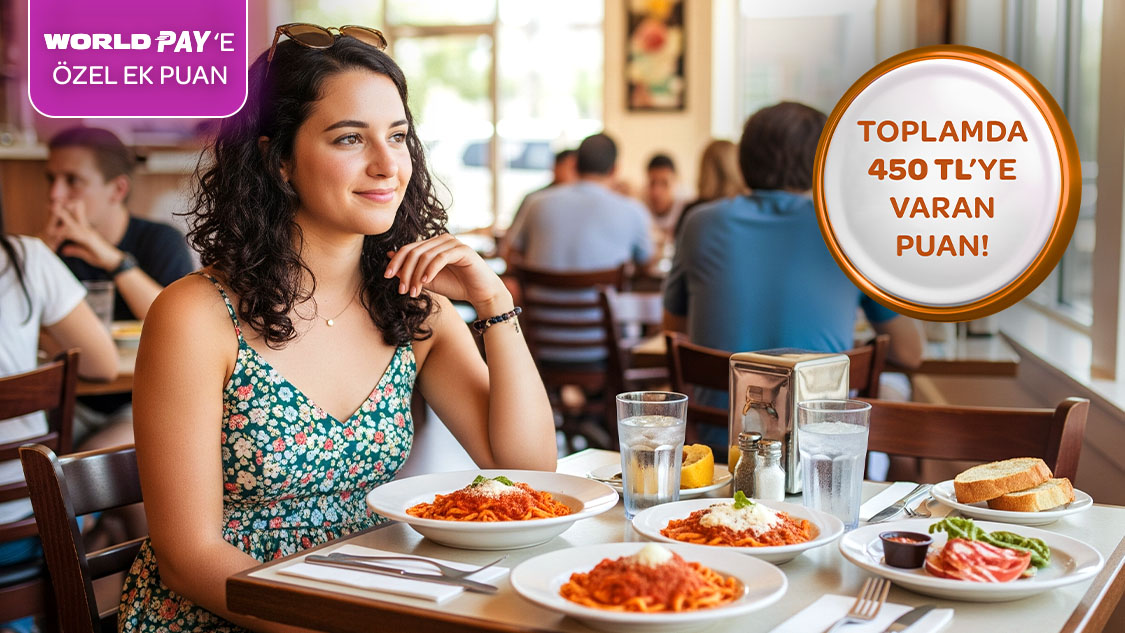 Restoran sektöründe World Üye İşyerleri’nden yapacağınız her 2.000 TL harcamaya 100 TL, World Pay ile ödemlerde ek 50 TL, toplamda 450 TL’ye varan Worldpuan hediye!